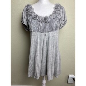 Gemstone Top‎ T-Shirt Short Sleeve Gray Tunic Size S Pleated Decorative Neckline